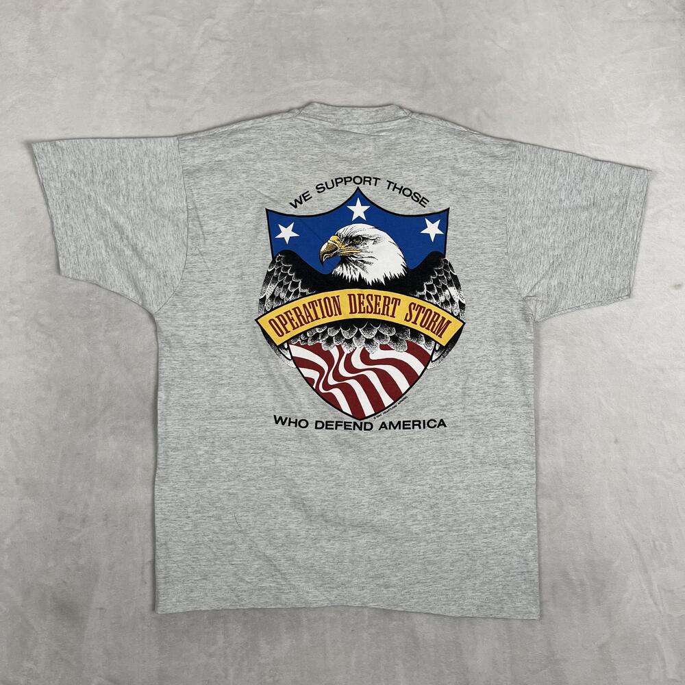 Vintage Operation Desert Storm T-Shirt Mens XL Gray POW MIA Eagle USA 1990